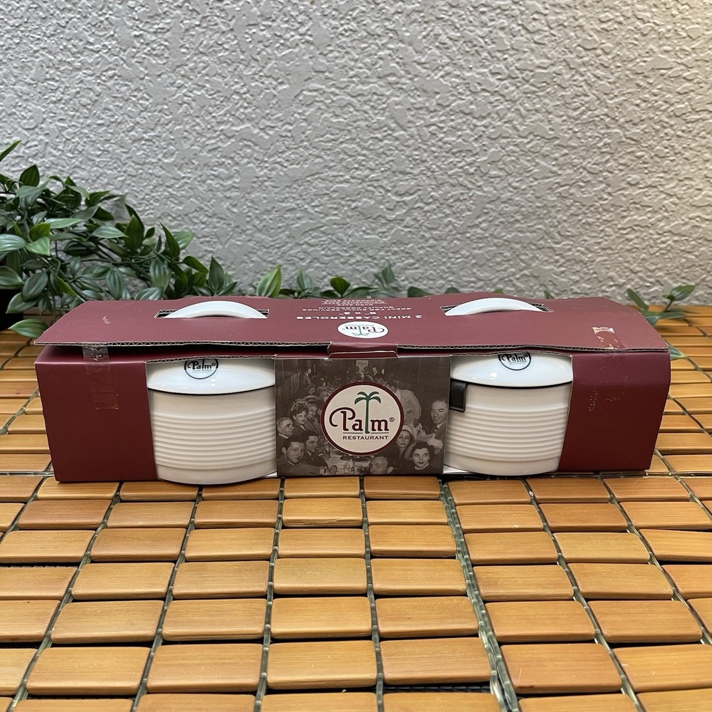 NIB The Palm Restaurant Mini Casserole Ramekin Set 2 White Porcelain Steakhouse